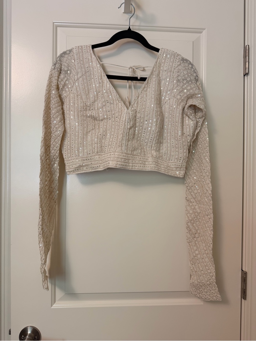 Sequin-Embellished Cream V-Neck Women's Top/Choli Blouse